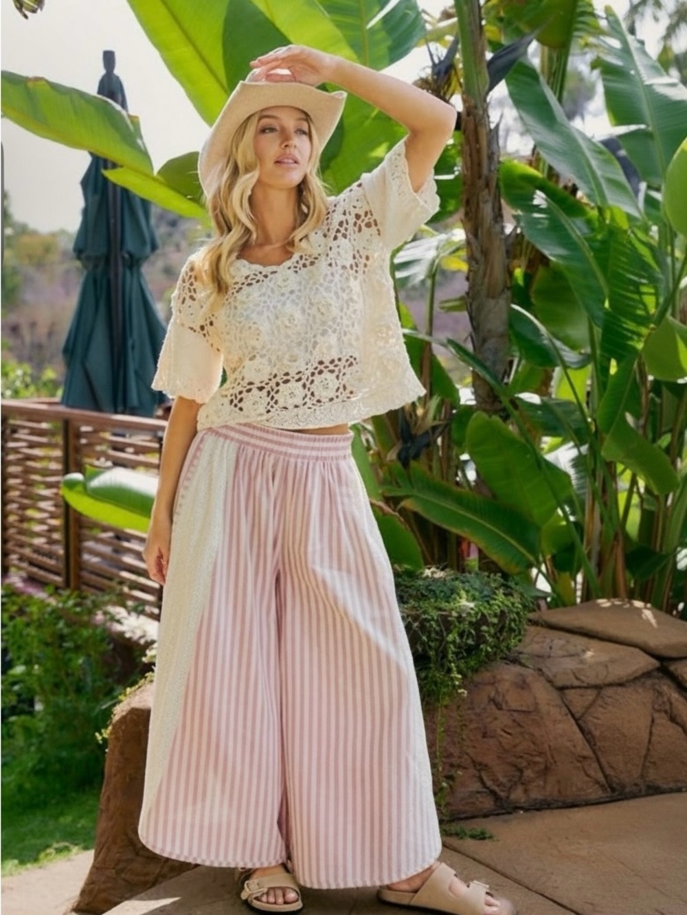724. Floral eyelet striped wide leg pant in pink